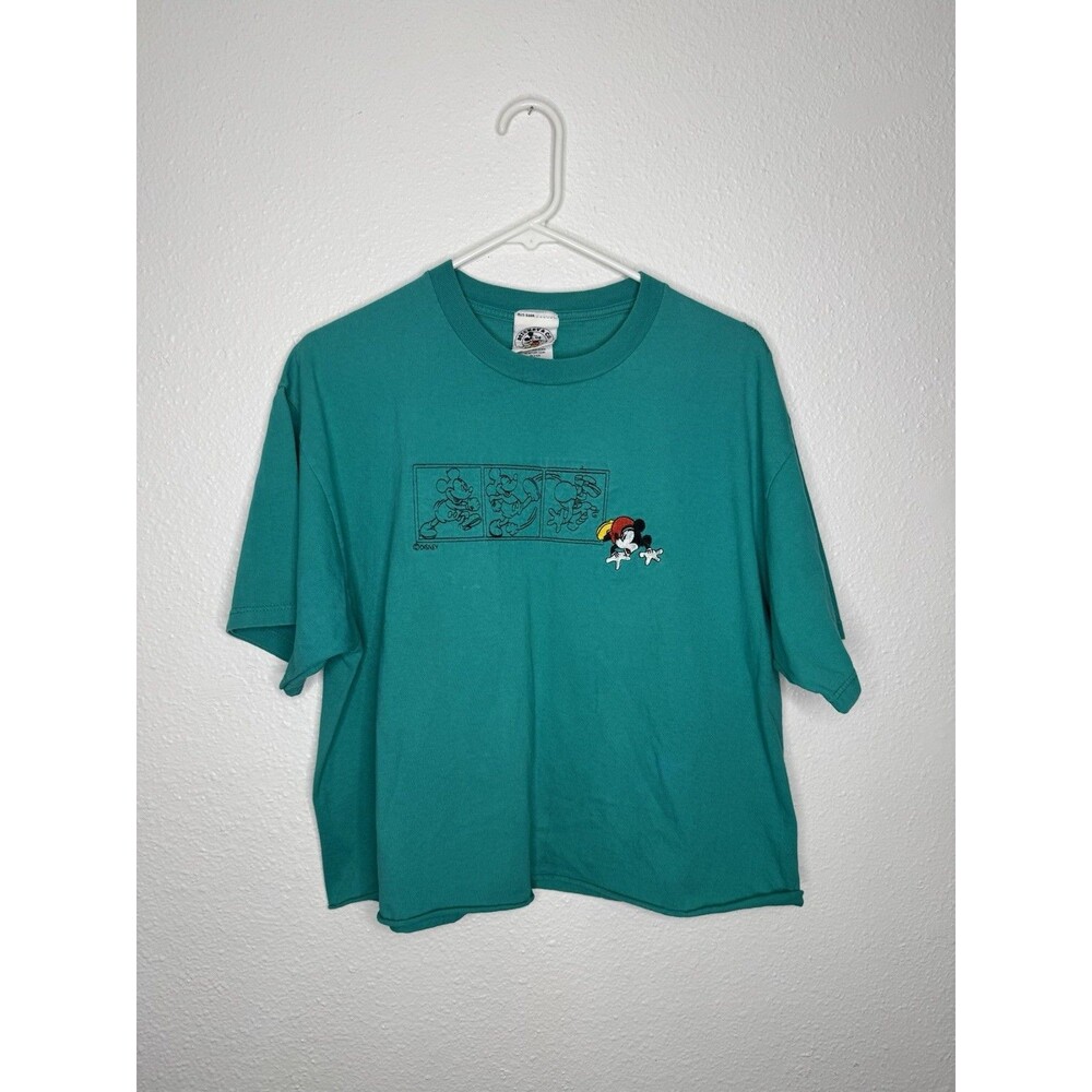 VTG 90s Mickey & Co Green Disney Distressed CROPPED T-Shirt XL Embroidered USA